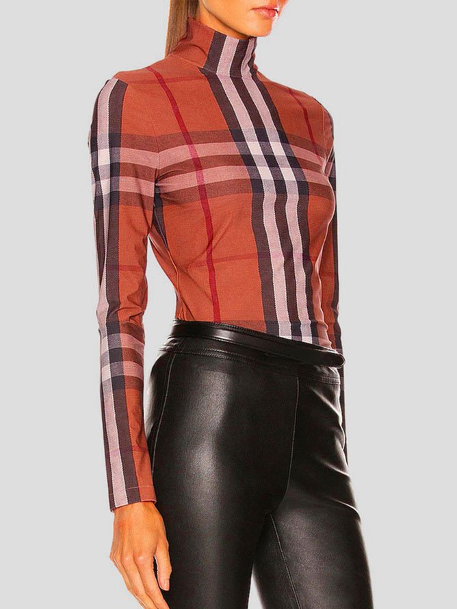 Femmes Tartan Automne Urbain Polyester Manches Longues Col Roulé Régulier Régulier Régulier Taille T-shirt