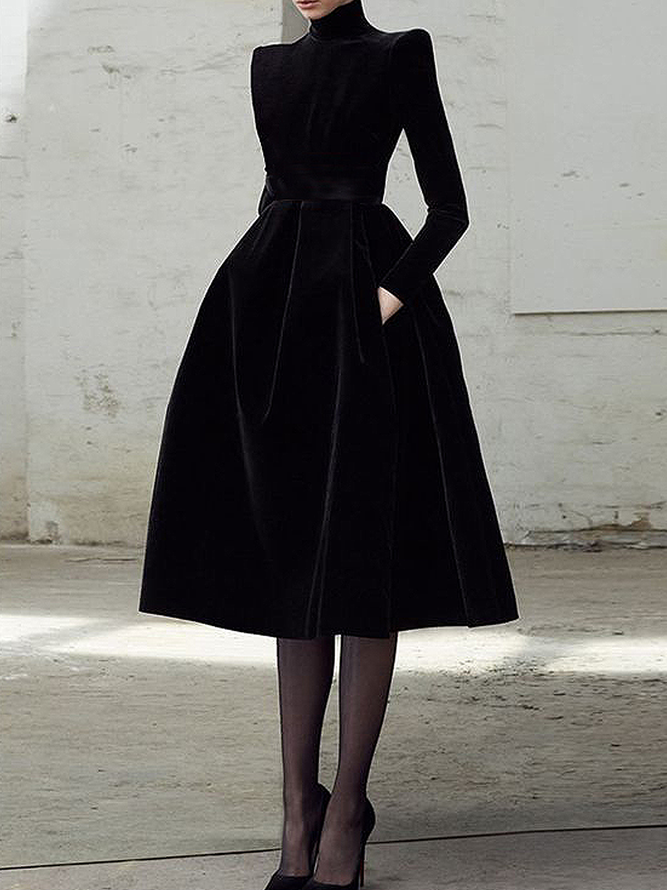 Mariage Robe & Fête Robe Plain Printemps Élégant Polyester Col Montant Micro-Élasticité Fête Mi-longue Manches Longues pour Femmes