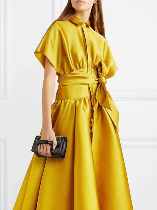 Mariage Robe & Fête Robe Plain Printemps Élégant Taille Haute Fête Coupe Régulière Long x-ligne Col de Chemise pour Femmes