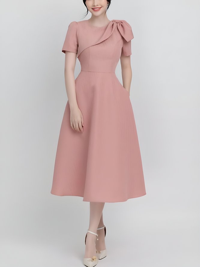 Mariage Robe & Fête Robe Femmes Plain Printemps Élégant Naturel Aucune élasticité Mi-longue Manches Courtes Col Rond x-ligne