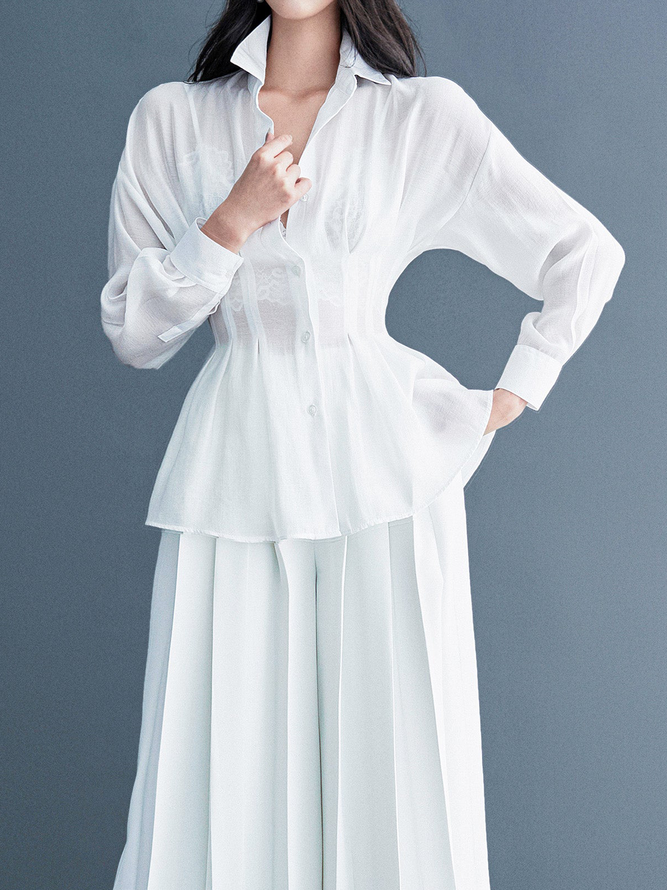 Blouse Plain Printemps Élégant Polyester Coupe Régulière Faire la navette Régulier x-ligne Col de Chemise pour Femmes