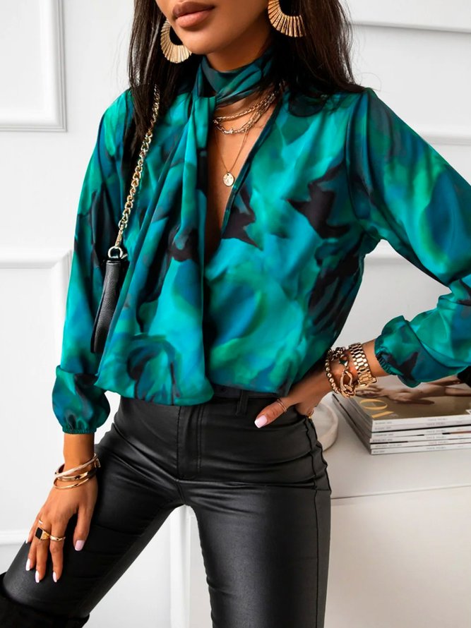 Blouse Abstrait Printemps Élégant Col V Naturel Ample Faire la navette Régulier H-ligne pour Femmes