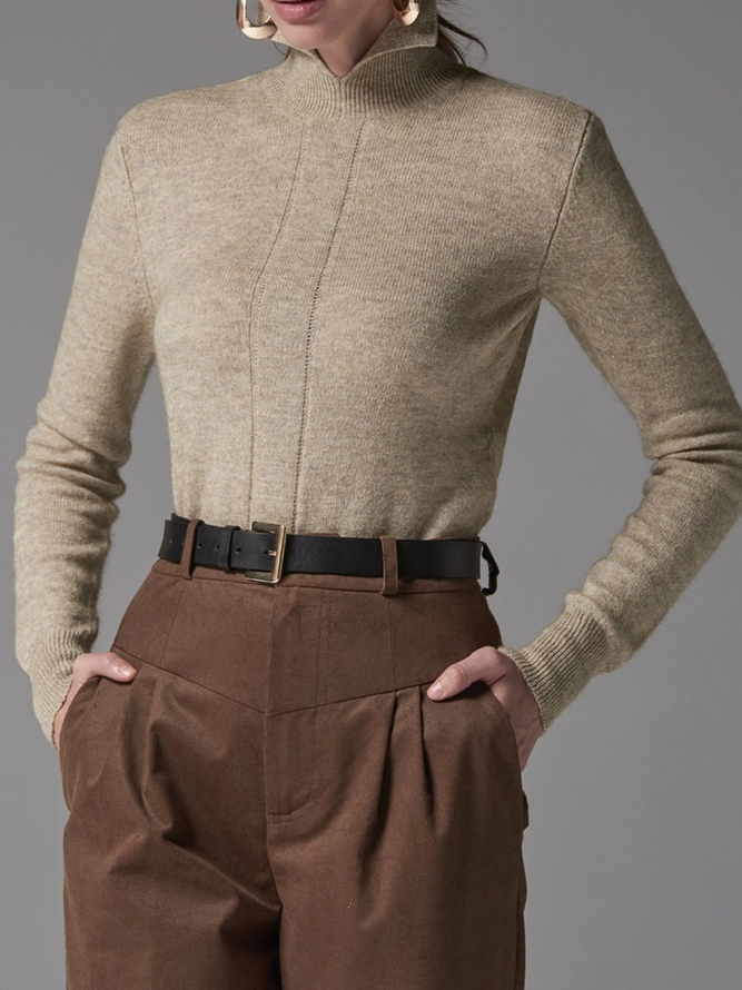 Pull Plain Printemps Urbain Polyester à Haute Élasticité Manches Longues Col Roulé H-ligne Régulier pour Femmes