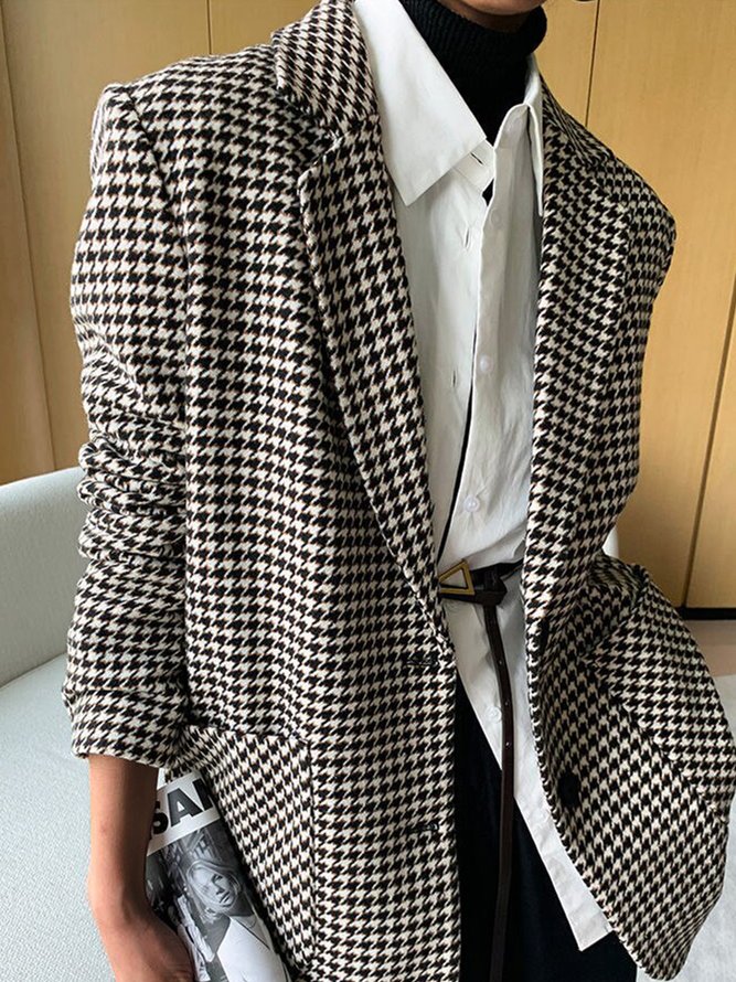 Blazer Femmes Pied-de-poule Printemps Urbain Polyester Naturel Ample Manches Longues à Col Revers Régulier