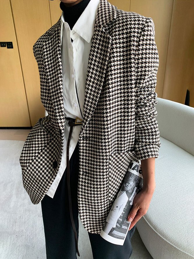 Blazer Femmes Pied-de-poule Printemps Urbain Polyester Naturel Ample Manches Longues à Col Revers Régulier