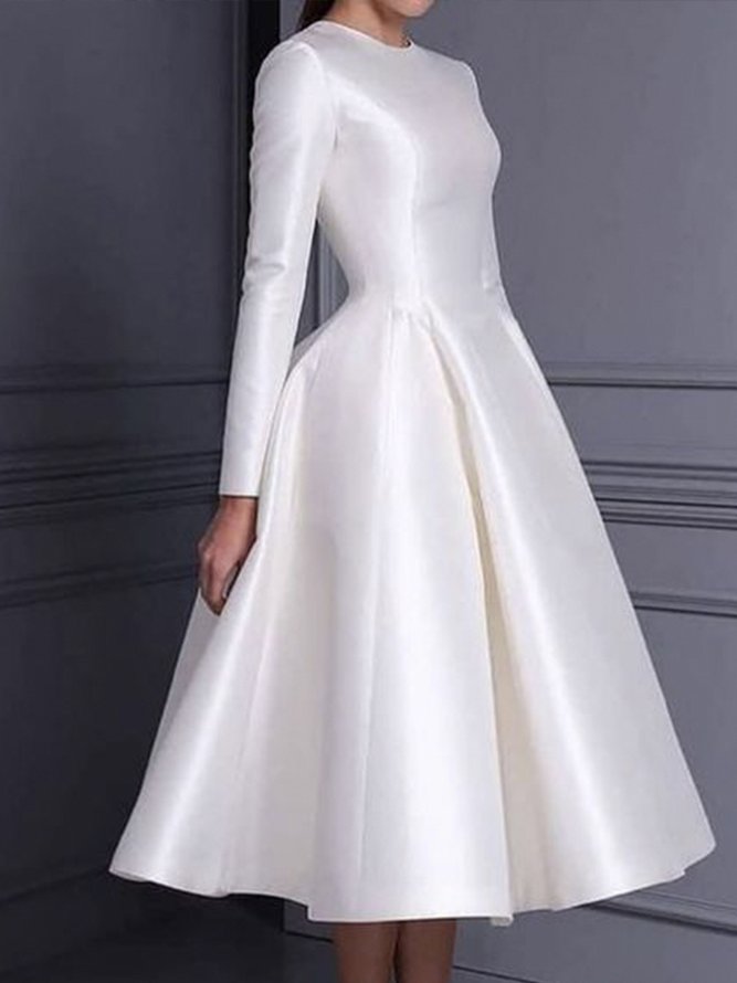 Robes Plain Printemps Élégant Satin Zip Naturel Mi-longue Manches Longues x-ligne pour Femmes