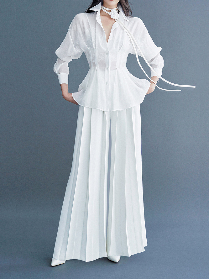 Blouse Plain Printemps Élégant Polyester Coupe Régulière Faire la navette Régulier x-ligne Col de Chemise pour Femmes