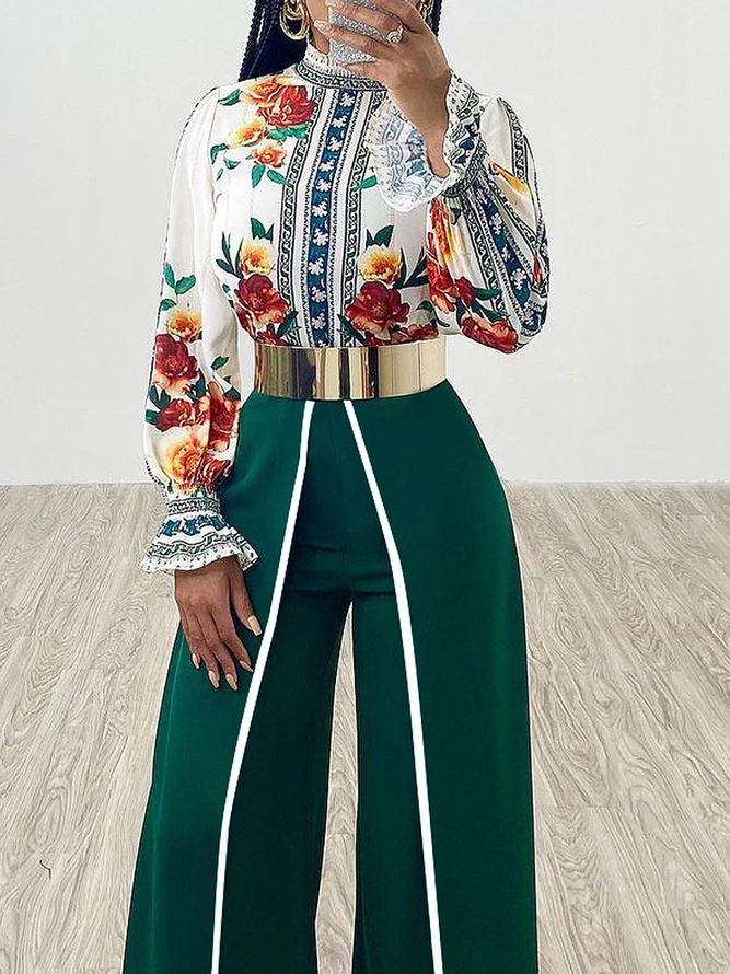 Blouse Floral Printemps Urbain Col Montant Aucune élasticité Coupe Régulière Manches Longues Régulier Régulier pour Femmes