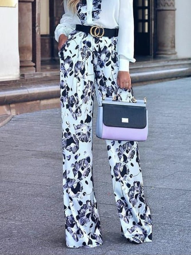 Mode Pantalons Femmes Floral Printemps Élégant Polyester Zip Taille Haute Coupe Régulière H-ligne Régulier