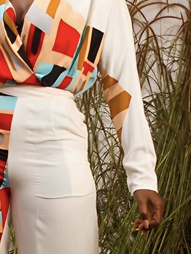 Blouse Géométrique Printemps Élégant Polyester Col croisé Coupe Régulière Manches Longues H-ligne Régulier pour Femmes