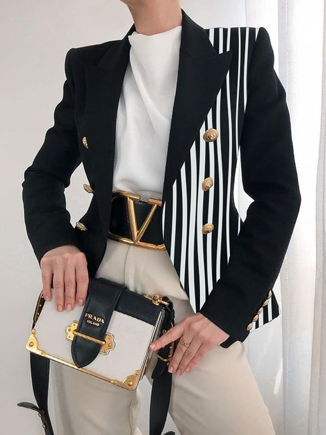 Blazer Femmes Rayé Printemps Urbain Polyester Naturel Aucune élasticité Ample Faire la navette Manches Longues