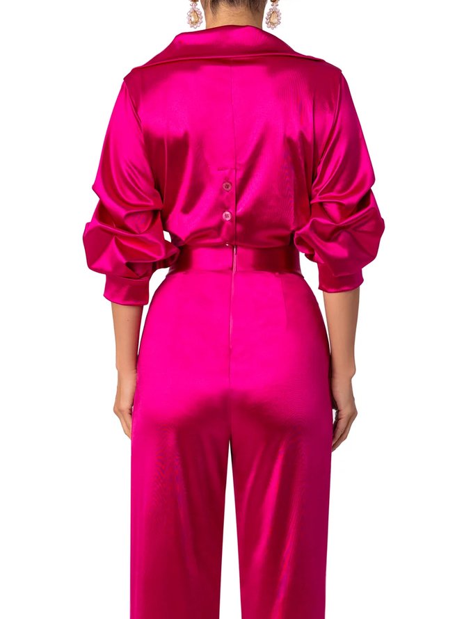 Blouse Plain Printemps Élégant Satin Coupe Régulière Manches Longues H-ligne Régulier Col de Chemise pour Femmes