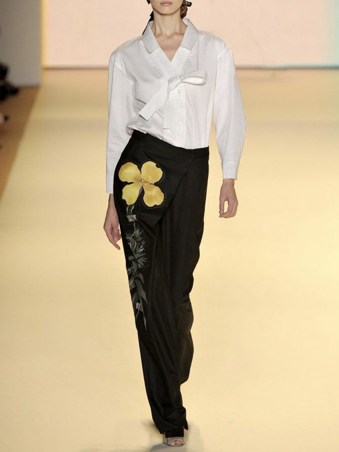 Mode Pantalons Floral Printemps Élégant Polyester Naturel Aucune élasticité Quotidien Long H-ligne pour Femmes