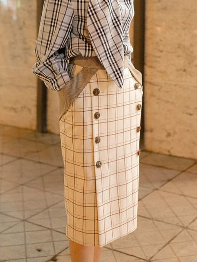 Jupe Femmes Plaid Printemps Élégant Naturel Coupe Régulière Faire la navette Mi-longue Droit Régulier