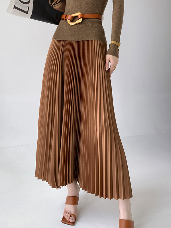 Jupe Femmes Plain Printemps Élégant Micro-élasticité Quotidien Coupe Régulière Long Plissé Régulier