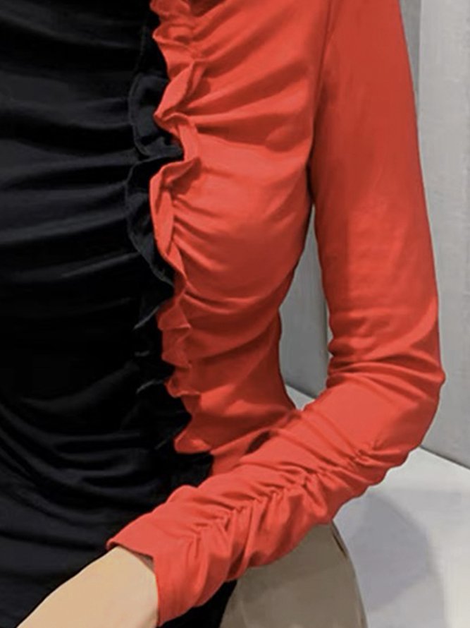 Tops Bloc de Couleur Printemps Élégant Quotidien Serré Manches Longues Régulier Élasticité moyenne Demi col roulé pour Femmes