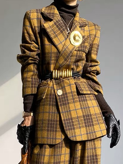 Blazer Femmes Plaid Printemps Élégant Naturel Aucune élasticité Coupe Régulière à Col Revers Ligne X Régulier