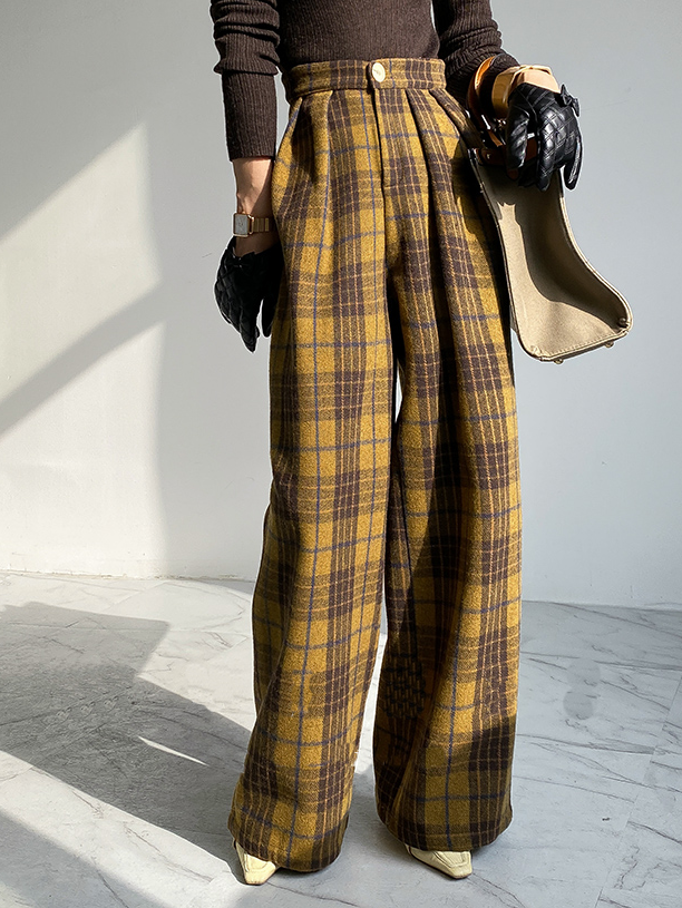 Mode Pantalons Plaid Printemps Élégant Quotidien Coupe Régulière en Laine Long adapté Droit pour Femmes