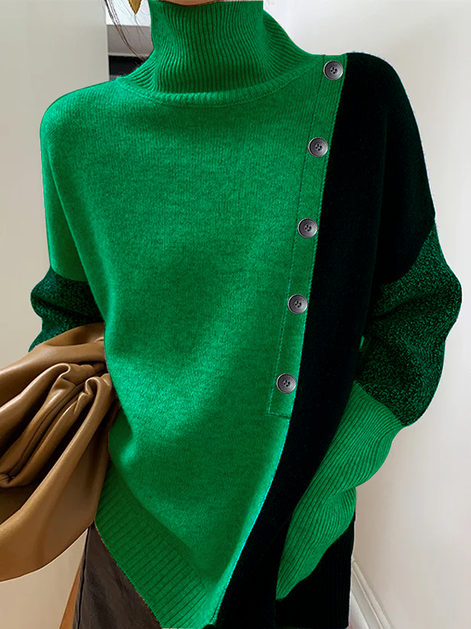 Pull Femmes Bloc de Couleur Printemps Urbain Ample Manches Longues Col Roulé Régulier Droit Régulier