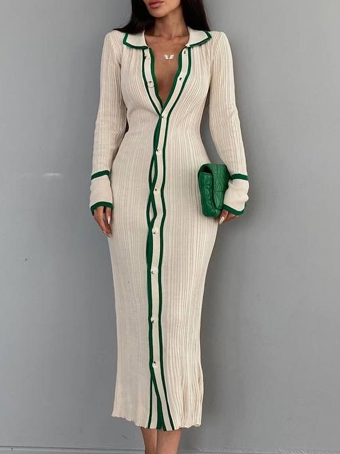 Robes Femmes Plain Printemps Élégant Naturel Coupe Régulière Long Laine/Tricot Élasticité moyenne Col de Chemise