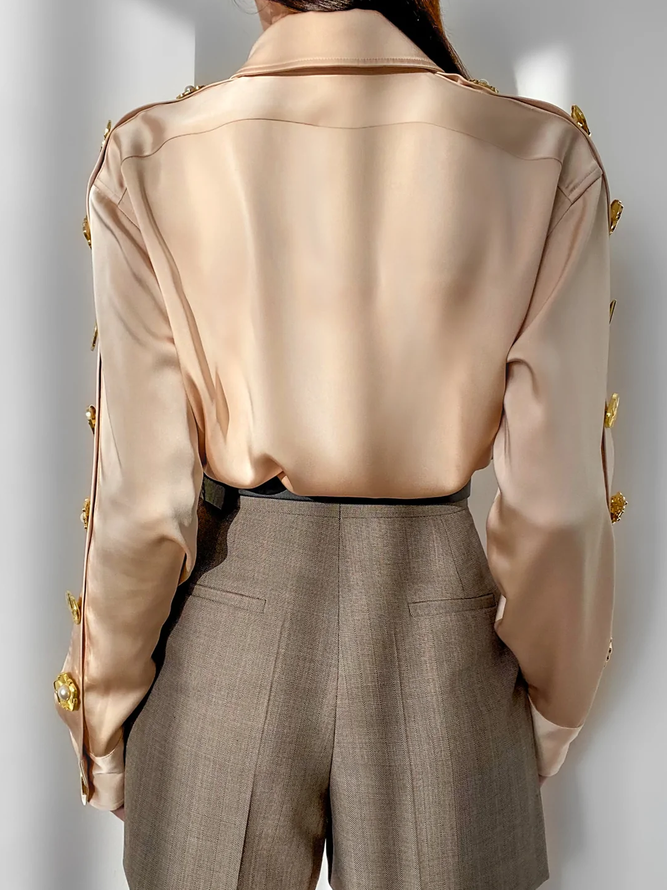 Blouse Plain Printemps Urbain Polyester Aucune élasticité Manches Longues Régulier H-ligne Col de Chemise pour Femmes