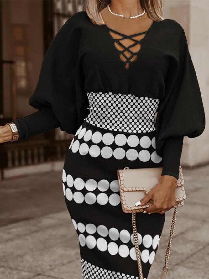 Robes Pois Polka Printemps Élégant Col V Taille Haute Faire la navette Mi-longue Manches Longues S-La ligne pour Femmes