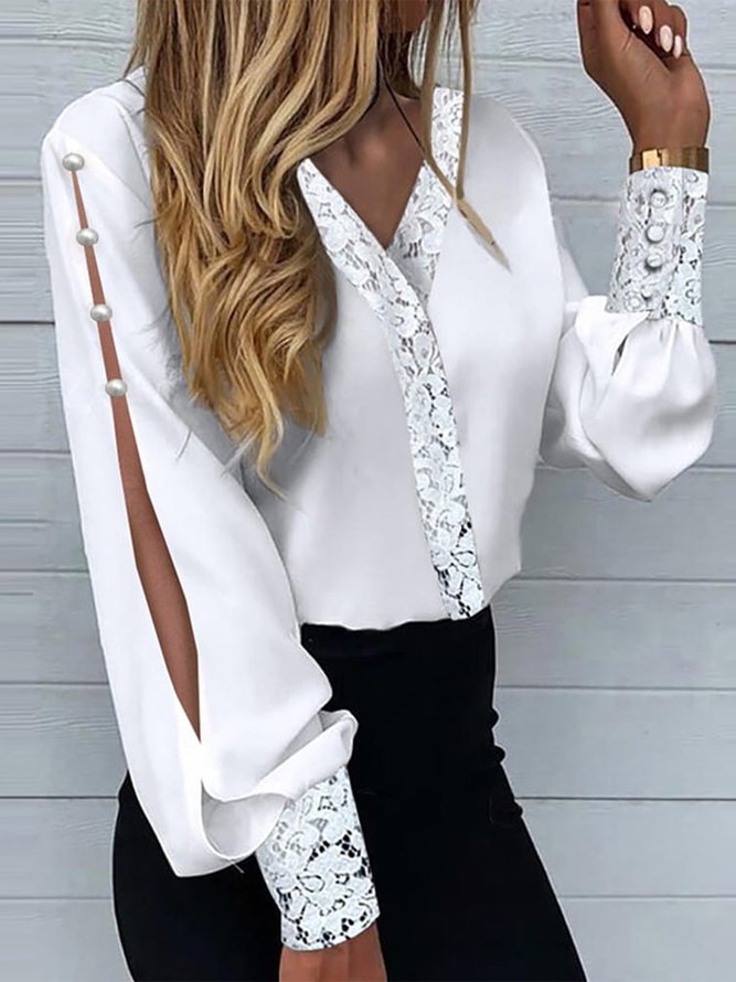 Blouse Plain Printemps Élégant Polyester Col V Coupe Régulière Manches Longues Droit Régulier pour Femmes