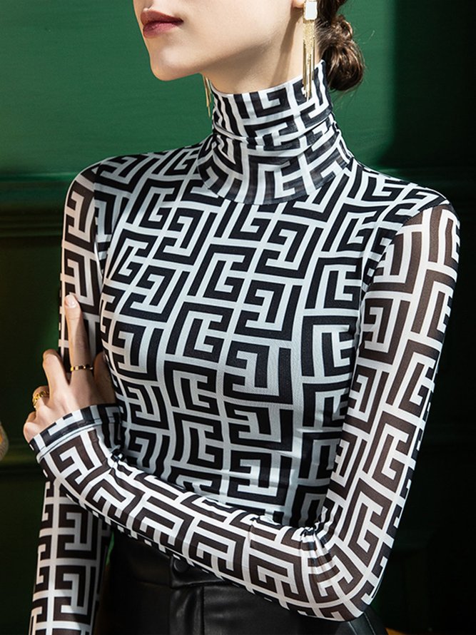 T-shirt Géométrique Printemps Urbain Polyester Faire la navette Manches Longues Col Roulé Régulier Ligne T pour Femmes