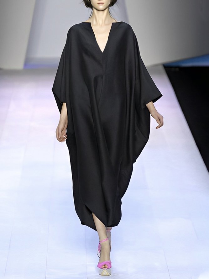 Robes Femmes Plain Printemps Élégant Naturel Aucune élasticité Ample Long Entaillé O-Ligne