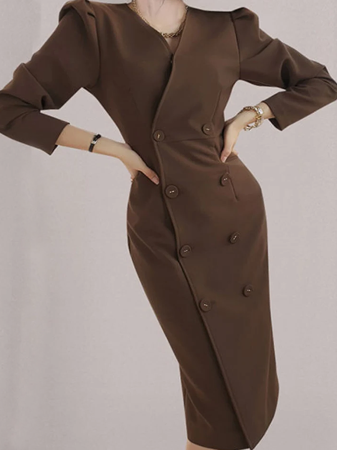 Robes Plain Printemps Élégant Polyester Col V Aucune élasticité Mi-longue Manches Longues Régulier pour Femmes
