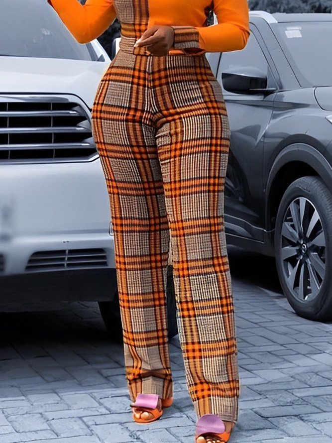 Mode Pantalons Femmes Plaid Printemps Urbain Polyester Taille Haute Aucune élasticité Quotidien Coupe Régulière Long