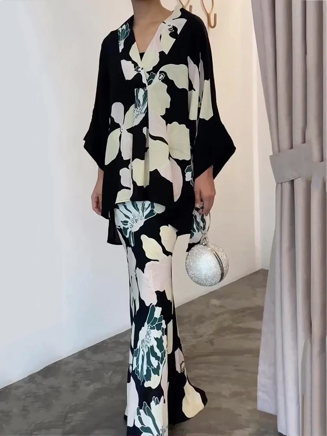 Blouse Femmes Floral Printemps Urbain Col V Aucune élasticité Manches Longues Régulier Trapèze Régulier