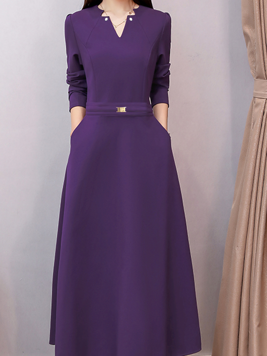 Mariage Robe & Fête Robe Plain Printemps Élégant Col V Naturel Coupe Régulière Mi-longue x-ligne Régulier pour Femmes