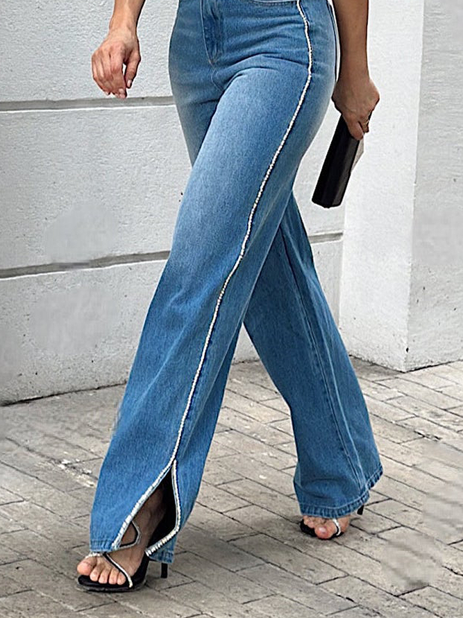 Jeans Femmes Plain Toutes Les Saisons Urbain Polyester Naturel Ample Pantalon droit Long Droit