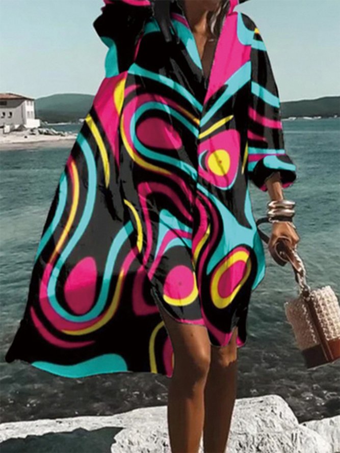 Robes Femmes Abstrait Printemps Vacances Polyester Micro-élasticité Mi-longue Droit Régulier Col de Chemise