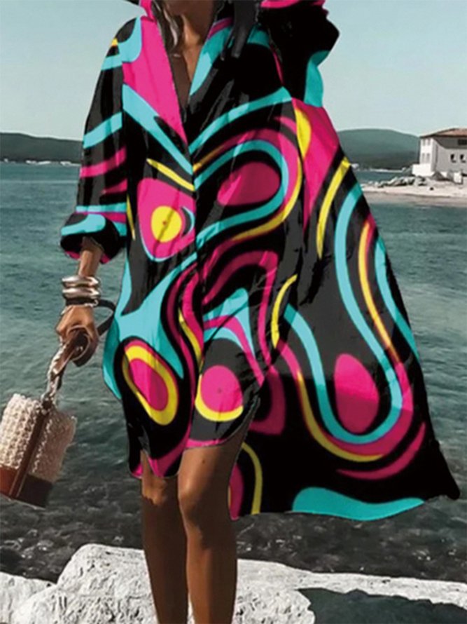 Robes Femmes Abstrait Printemps Vacances Polyester Micro-élasticité Mi-longue Droit Régulier Col de Chemise