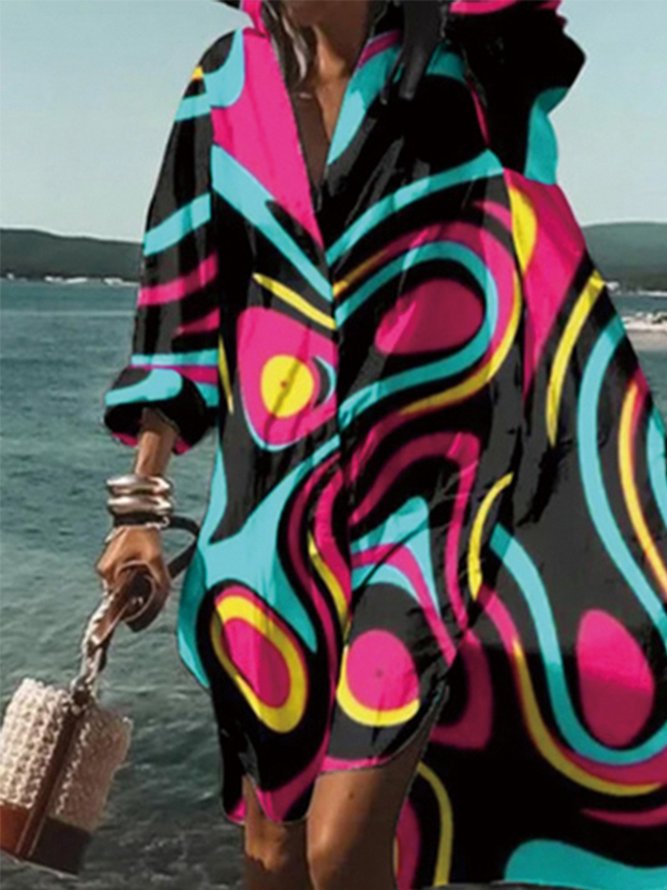 Robes Femmes Abstrait Printemps Vacances Polyester Micro-élasticité Mi-longue Droit Régulier Col de Chemise