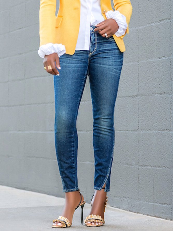Jeans Plain Toutes Les Saisons Urbain Taille Haute Micro-élasticité Coupe Régulière Faire la navette Pantalon coupe slim Droit pour Femmes