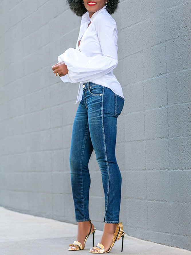Jeans Plain Toutes Les Saisons Urbain Taille Haute Micro-élasticité Coupe Régulière Faire la navette Pantalon coupe slim Droit pour Femmes