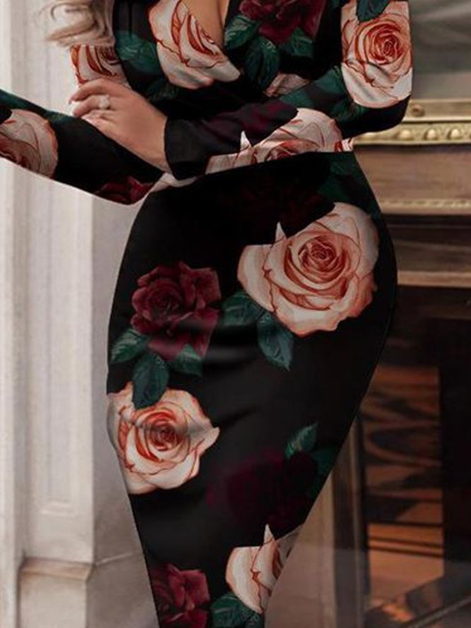 Robes Floral Printemps / Automne Élégant Polyester Col V Naturel Micro-élasticité Mi-longue Jupe hanche pour Femmes