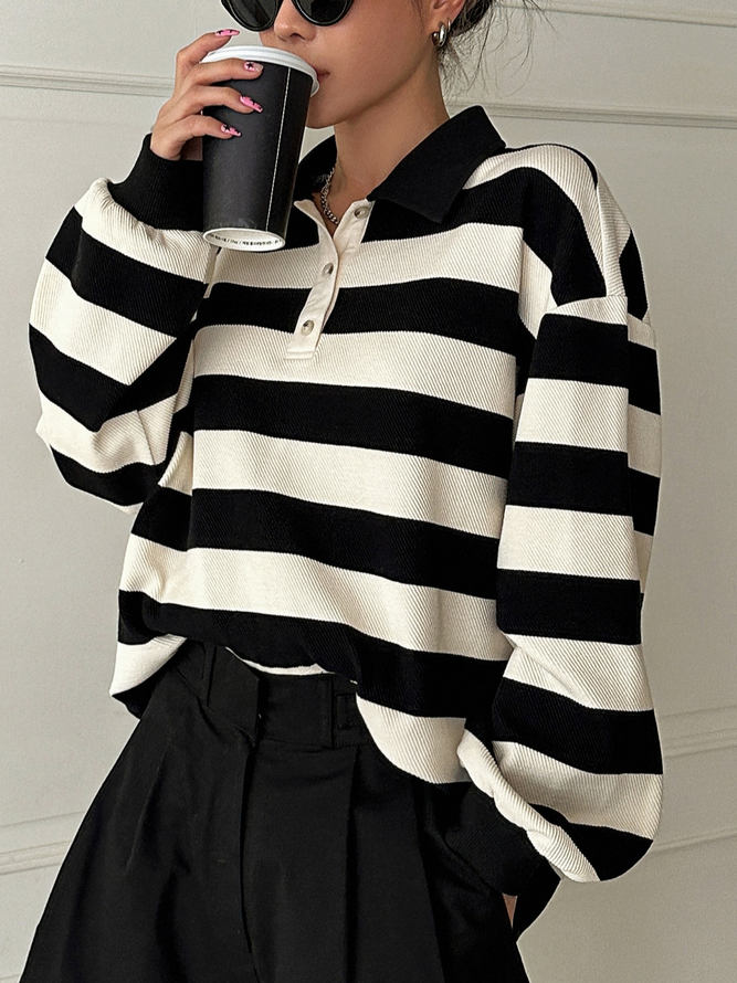 Sweat-shirts Rayé Printemps / Automne Simple Polyester Naturel Quotidien Manches Longues Col Châle Droit pour Femmes