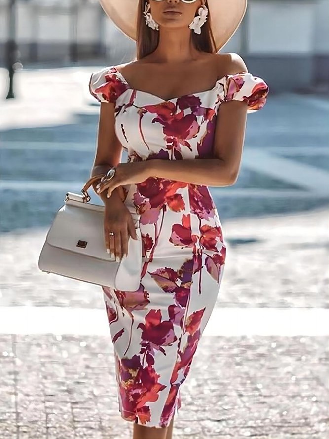 Robes Femmes Floral Été Élégant Polyester Naturel Fête Coupe Régulière Mancheron Jupe hanche