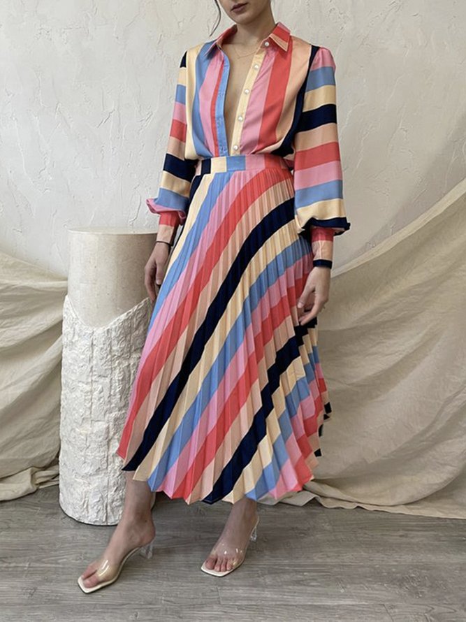 Jupe Rayé Printemps Élégant Polyester Naturel Aucune élasticité Quotidien Coupe Régulière Plissé pour Femmes