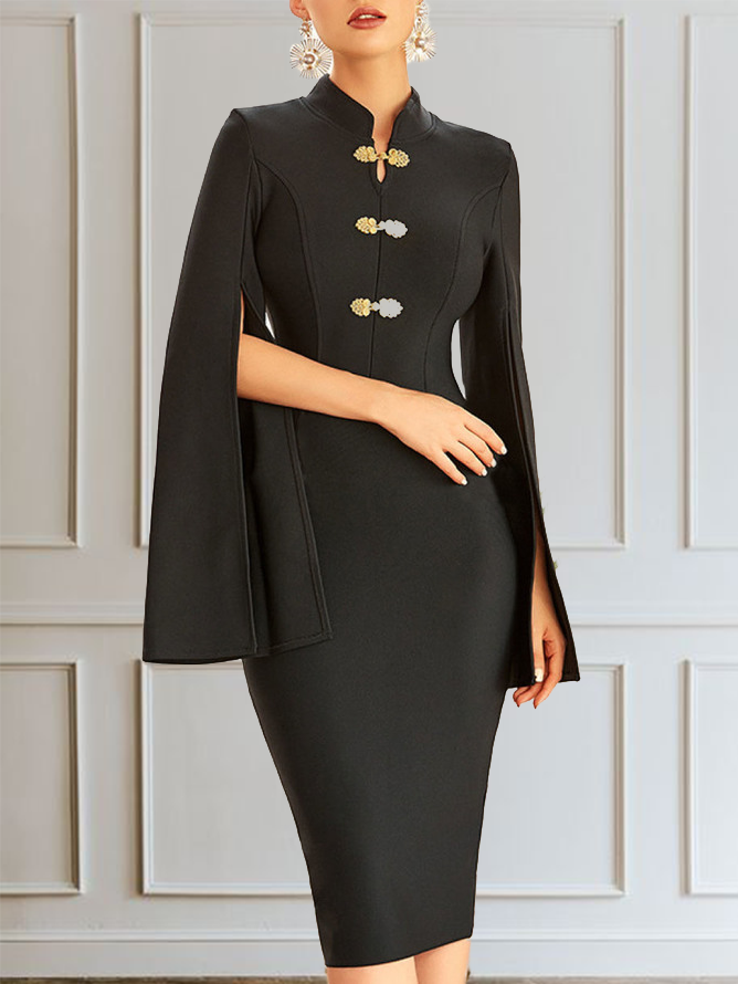 Robes Femmes Plain Automne Élégant Micro-Élasticité Mi-longue Manches Longues S-ligne Régulier Manches fendues
