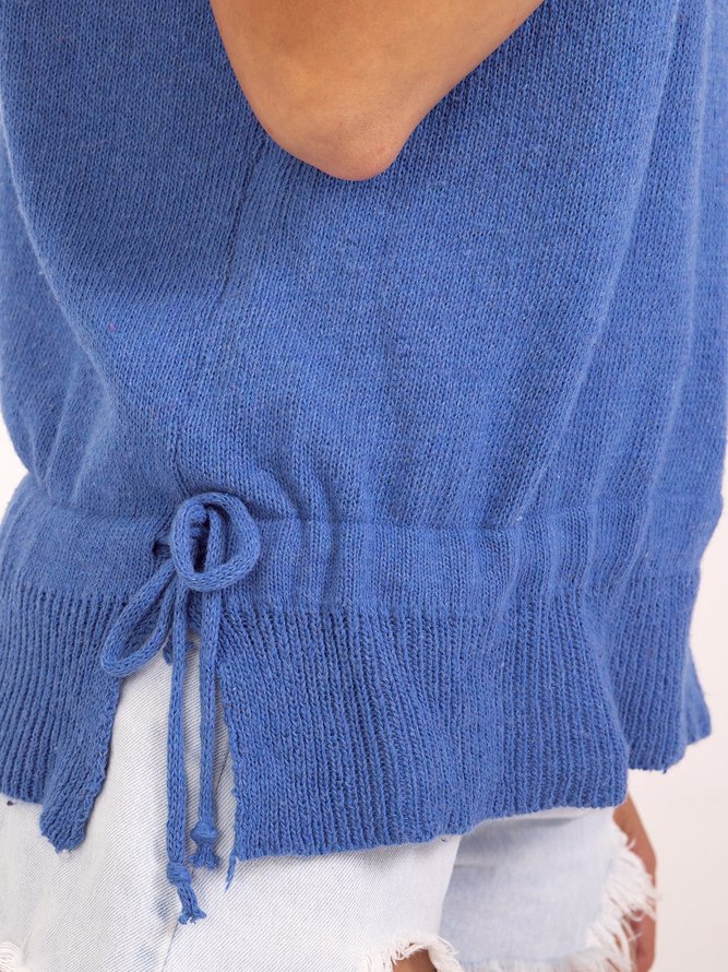 Pull Bleu Décontracté sans Manches à l'Encolure Bateau