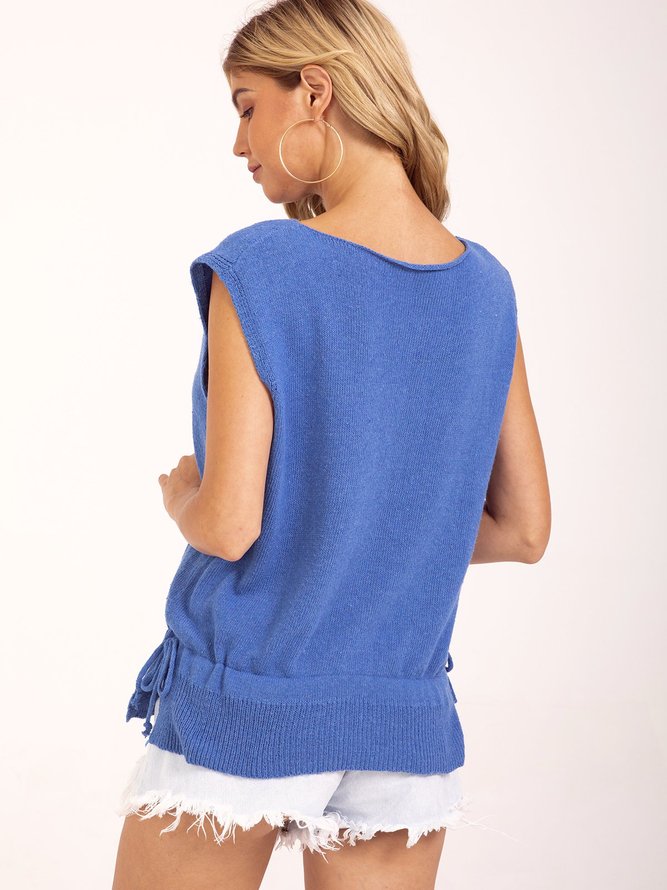 Pull Bleu Décontracté sans Manches à l'Encolure Bateau