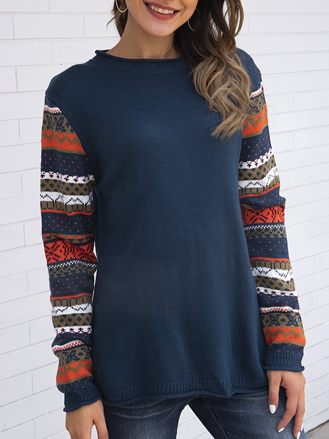 Pull Bleu Violacé Droit Ethnique à Manches Longues