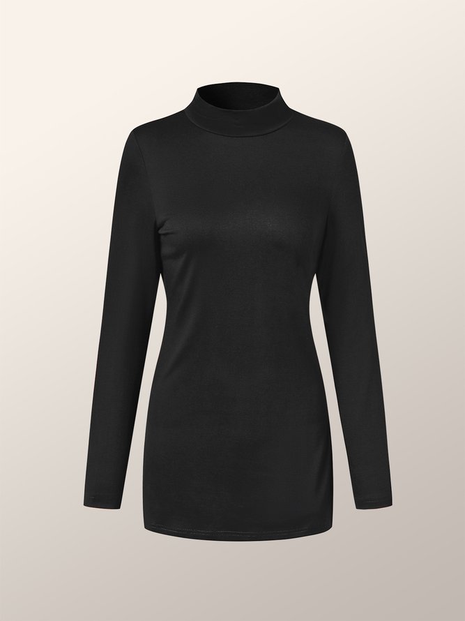 Top d'Automne Simple Plain Quotidien Très Extensible à Manches Longues et à Col Montant