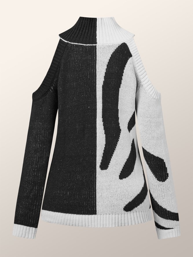 Pull d'Hiver Simple à Motif de Zèbre à Col Montant et à Manches Longues