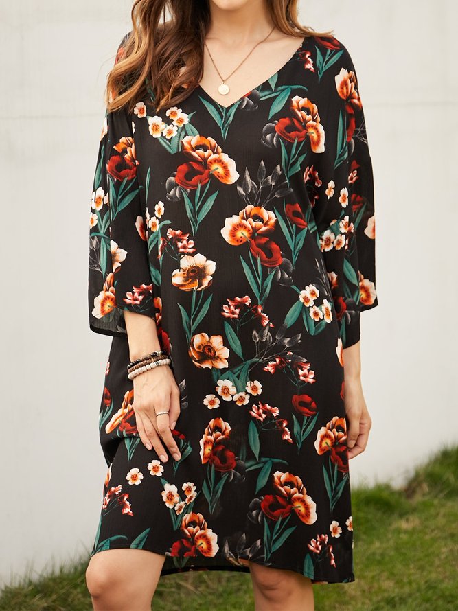Robe Florale à Panneaux à Manches 3/4 et à Col V